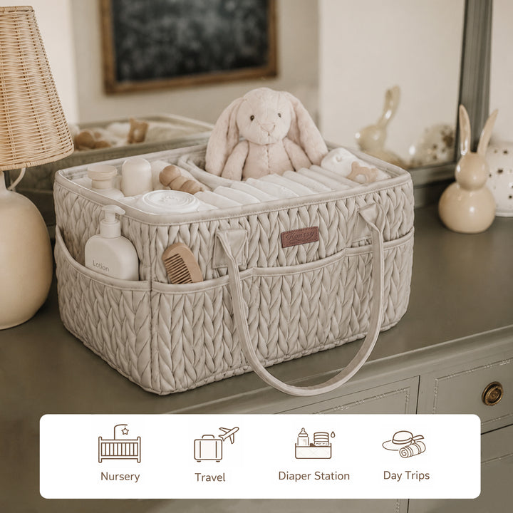Konssy Baby Diaper Caddy Organizer, Braided Quilted Design with PU Handles | Water-Repellent, Portable Diaper Caddy Basket, Boho Nursery Organizer for Changing Table, Newborn Essentials