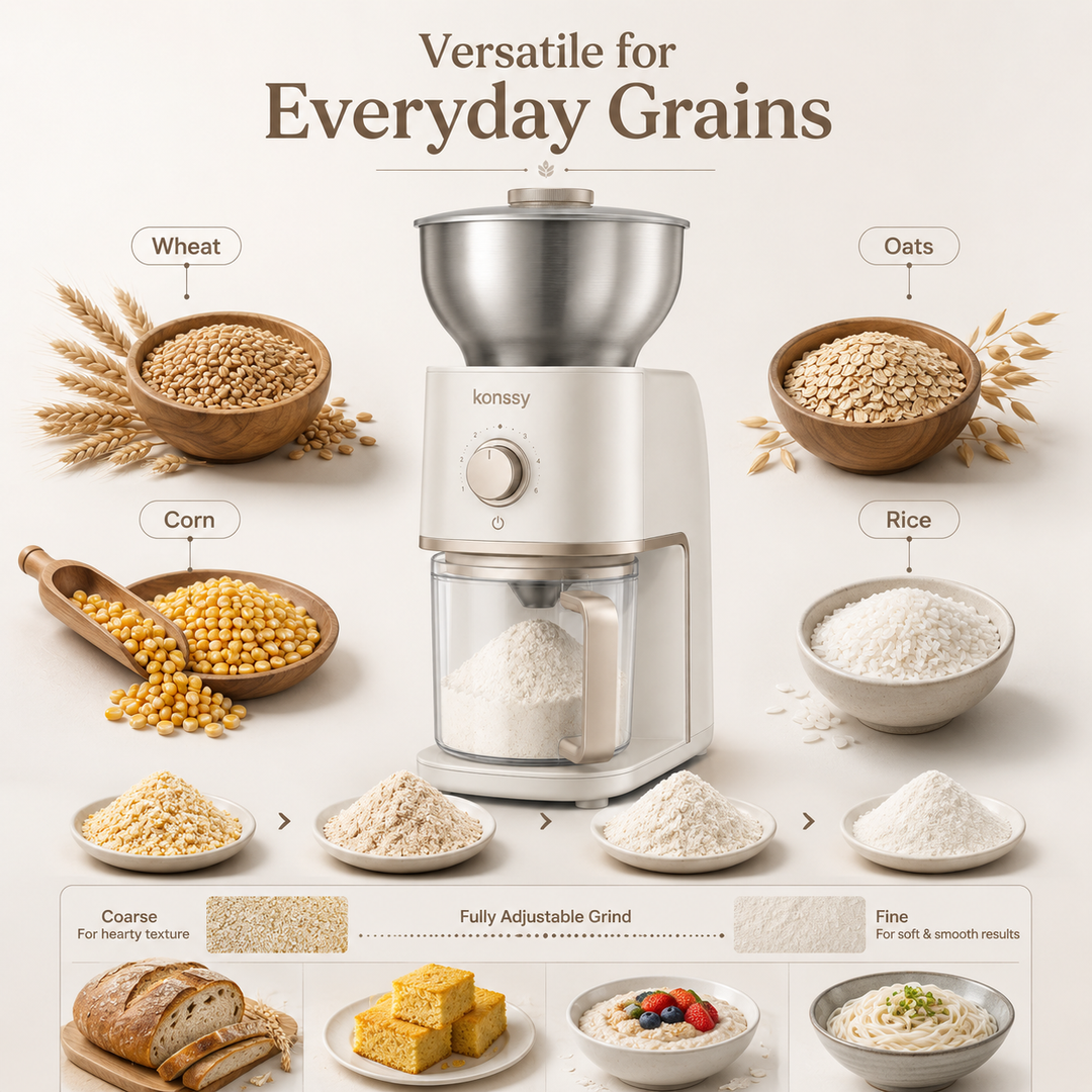 Konssy Electric Grain Mill Grinder, 6-Level Adjustable Flour Mill with Stainless Steel Hopper