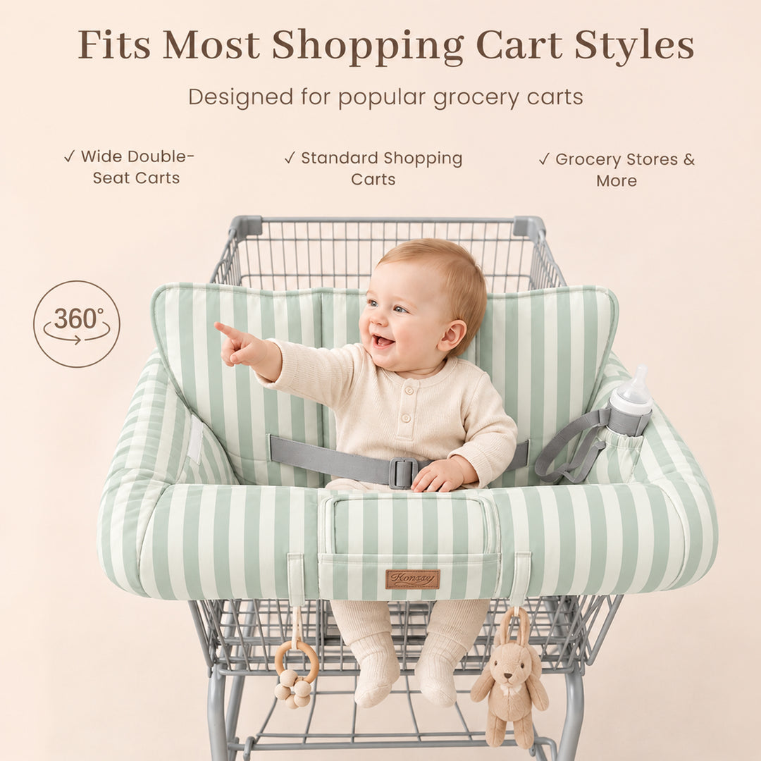 Konssy Shopping Cart Cover for Baby, High Chair Cover, 360° Protection Grocery Cart Seat Cover with Storage Pockets, Soft, Machine Washable, Portable with Carry Bag, Boys & Girls, Wide Green