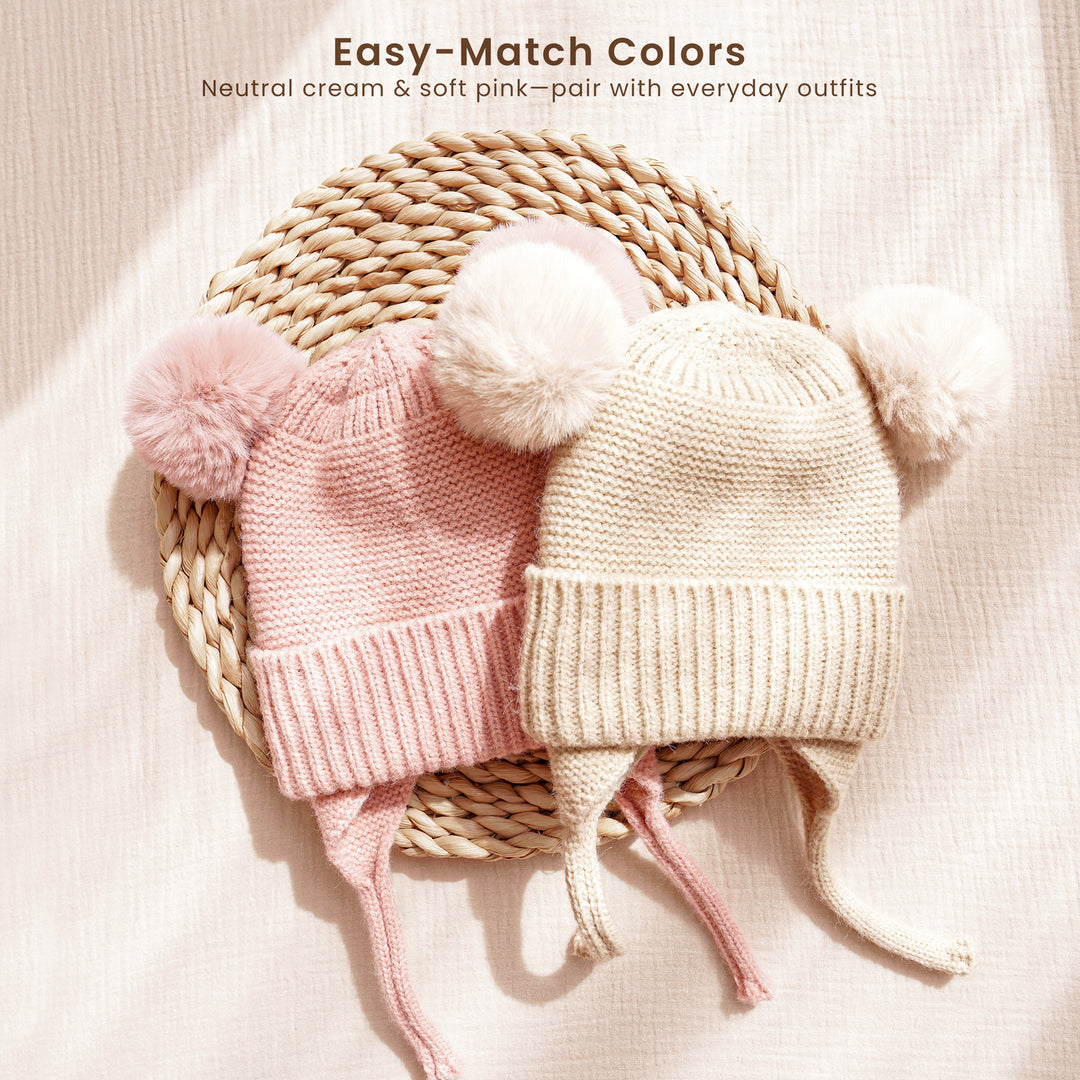 Konssy 2 Pack Baby Winter Hat with Earflaps, Warm Knit Beanie, Cozy Baby Hat for Boys & Girls 0–6 Months