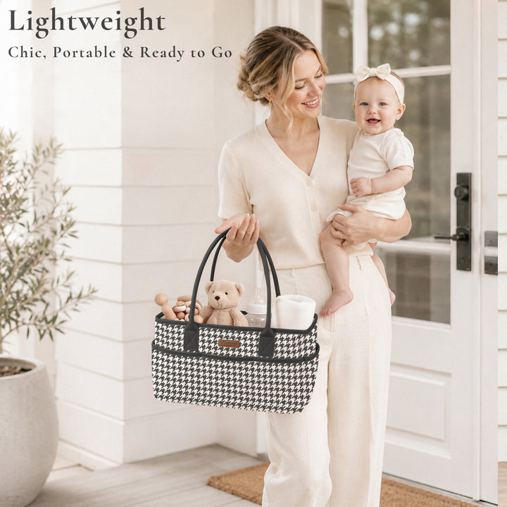Konssy Quilted Diaper Caddy Organizer, Diaper Caddy Basket with Vegan Leather Handles, Water-Repellent Nursery Storage Basket, Portable Car Organizer, Registry Search Must Haves