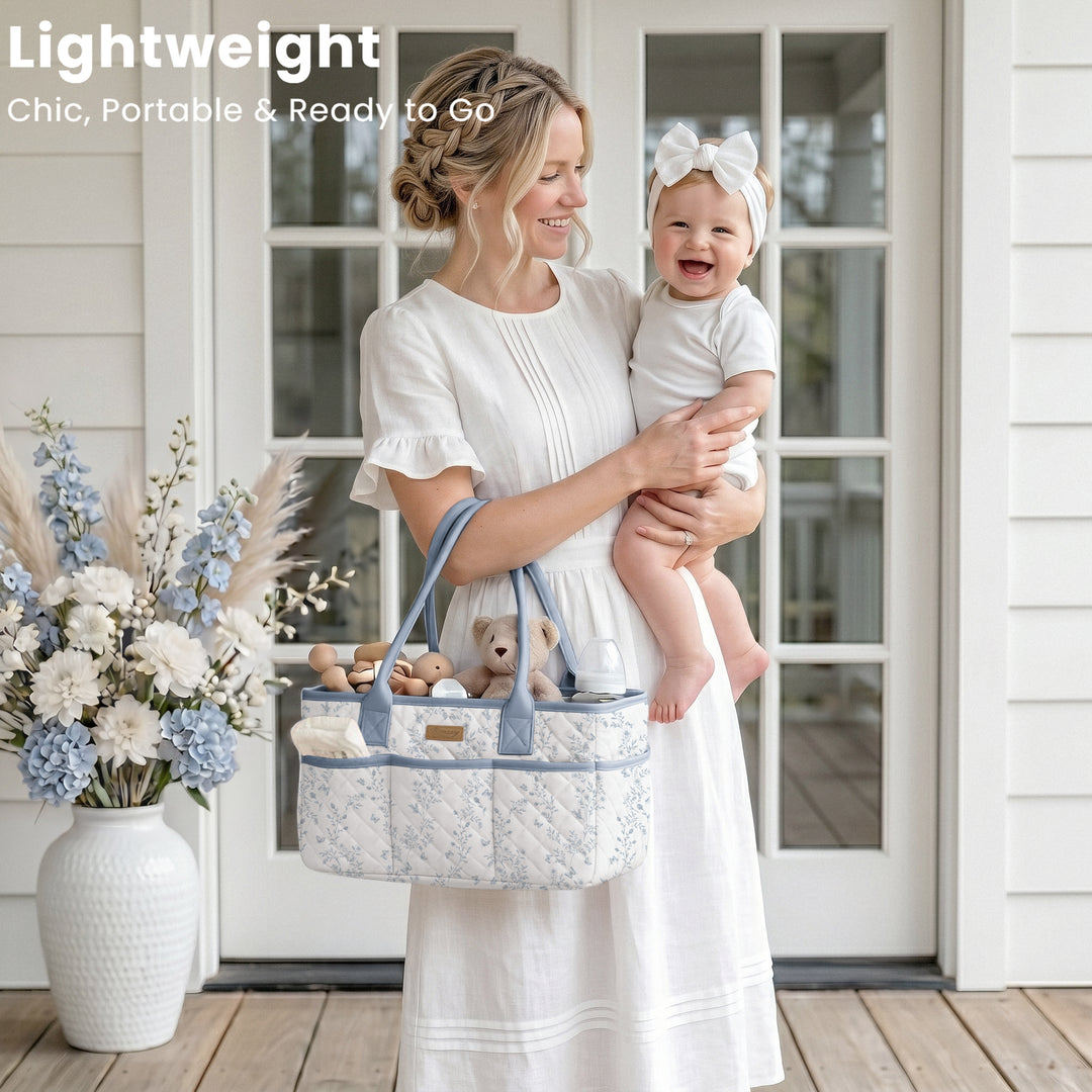 Konssy Quilted Diaper Caddy Organizer, Diaper Caddy Basket with Vegan Leather Handles, Water-Repellent Nursery Storage Basket, Portable Car Organizer, Registry Search Must Haves