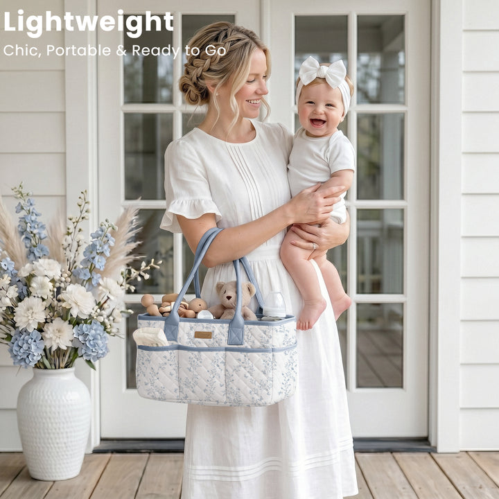 Konssy Quilted Diaper Caddy Organizer, Diaper Caddy Basket with Vegan Leather Handles, Water-Repellent Nursery Storage Basket, Portable Car Organizer, Registry Search Must Haves