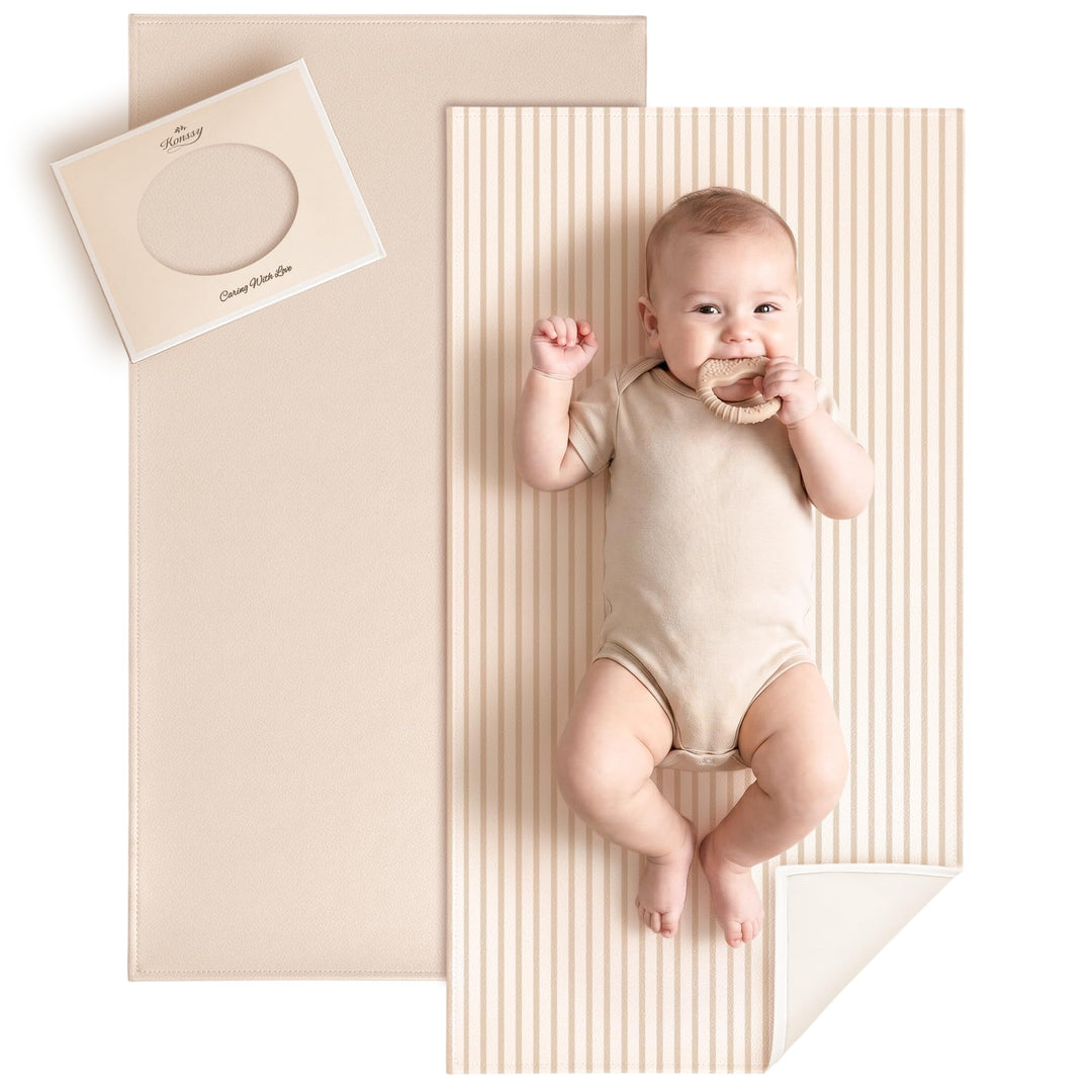 Konssy Faux Leather Waterproof Baby Changing Mat 2 Pack, Regular, 30"x17" - Beige,Stripes - image 1