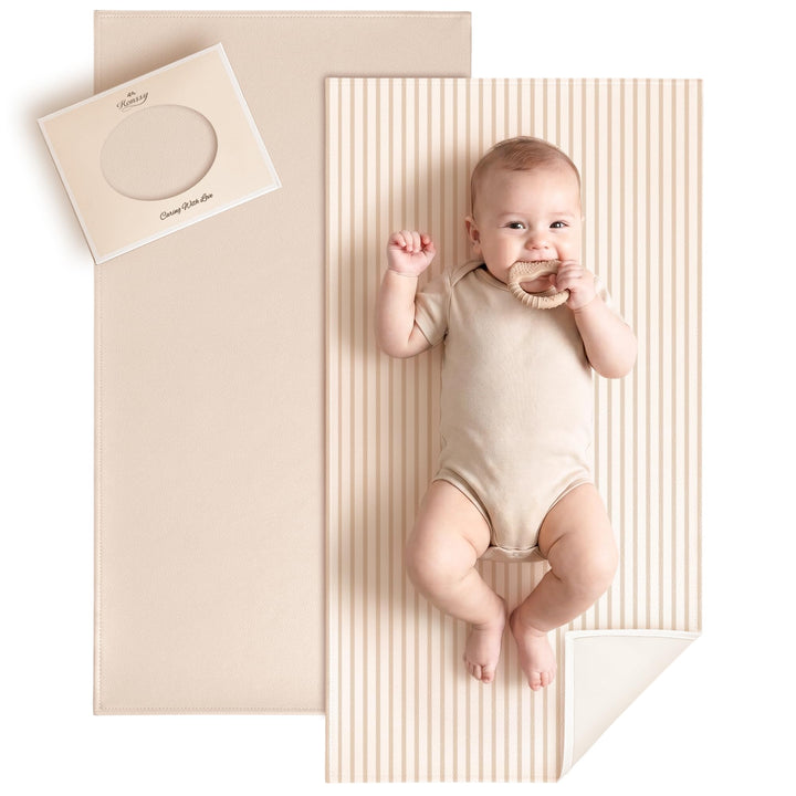 Konssy Faux Leather Waterproof Baby Changing Mat 2 Pack, Regular, 30"x17" - Beige,Stripes - image 1