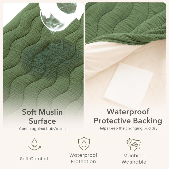 Konssy 2 Pack Quilted Muslin Changing Pad Cover, Waterproof Layer 32" x 16" - Sage Green,Baby Green Plaid - image 5