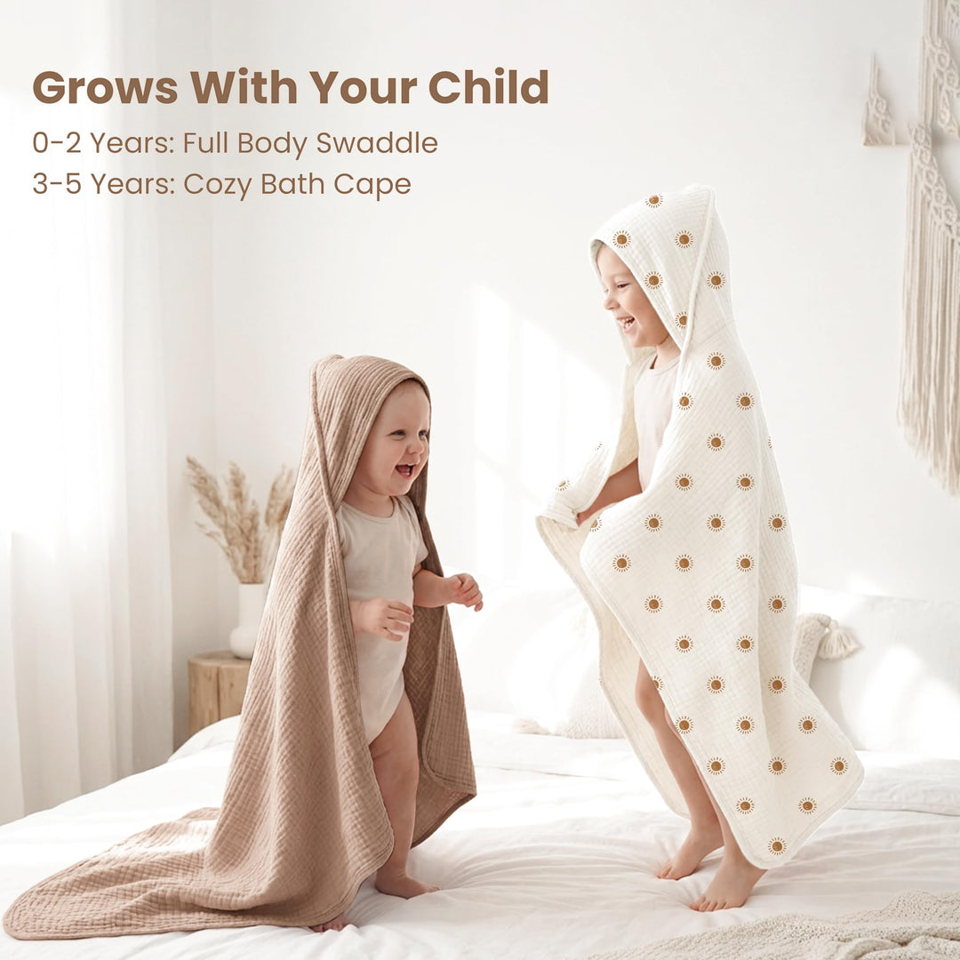 Konssy 2-Pack 100% Muslin Cotton Hooded Baby Bath Towels for Boys and Girls - Camel, Sun - image 3