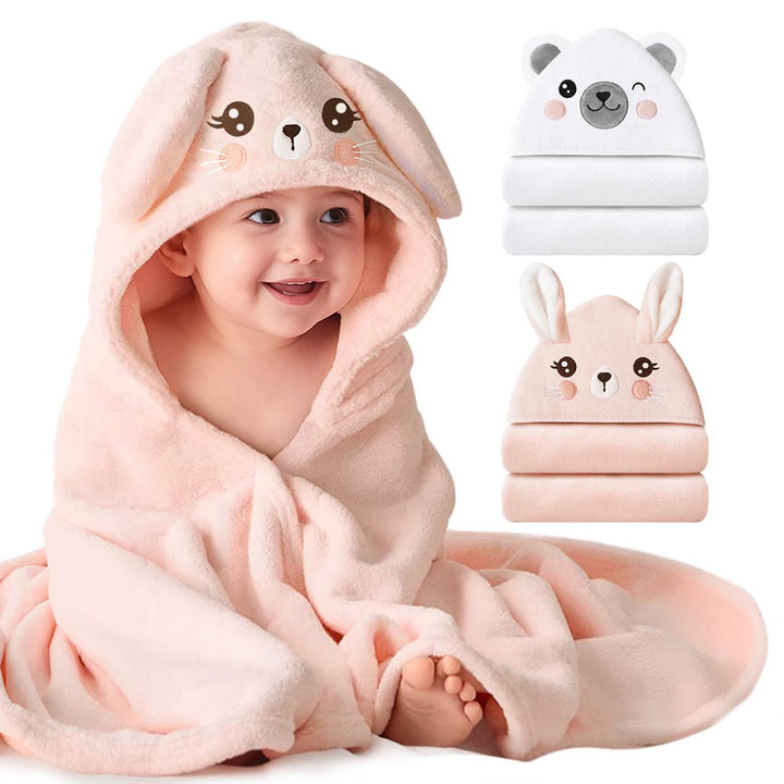 Konssy 2-Pack Hooded Baby Towels, Plush Fleece Animal Bath Towel with Hood - Pink Rabbit,Bear - image 1