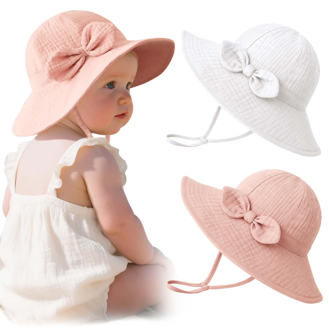 Konssy 2-Pack Muslin Baby Sun Hats for Girls with Bows, UPF 50+ - White Pink - image 1