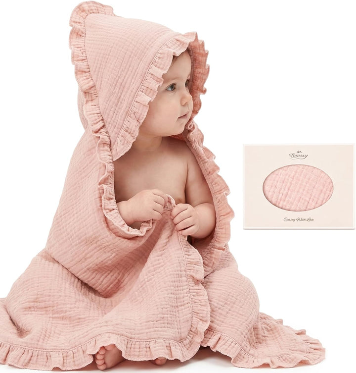 Konssy 100% Muslin Cotton Baby Hooded Towel, Soft Absorbent Bath Towel for Newborns, Infants and Toddlers, Baby Gift and Newborn Essentials with Lace Ruffle Hood - Pink - B0GY7KSJ9B image 1
