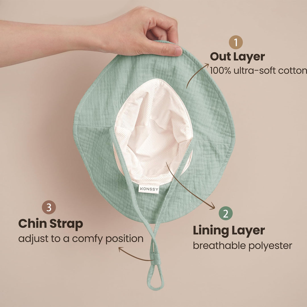 Konssy 2-Pack Muslin Baby Girl Sun Hats with Wide Brim, UPF 50+, 0-6& 6-12M - Green-leafy - image 3