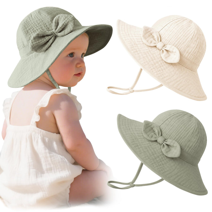 Konssy 2-Pack Muslin Baby Sun Hats for Girls with Bows, UPF 50+ - Cream Fog Green - image 1