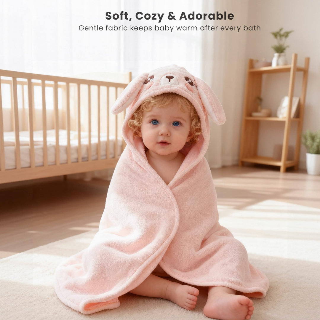 Konssy 2-Pack Hooded Baby Towels, Plush Fleece Animal Bath Towel with Hood - Pink Rabbit,Bear - image 6