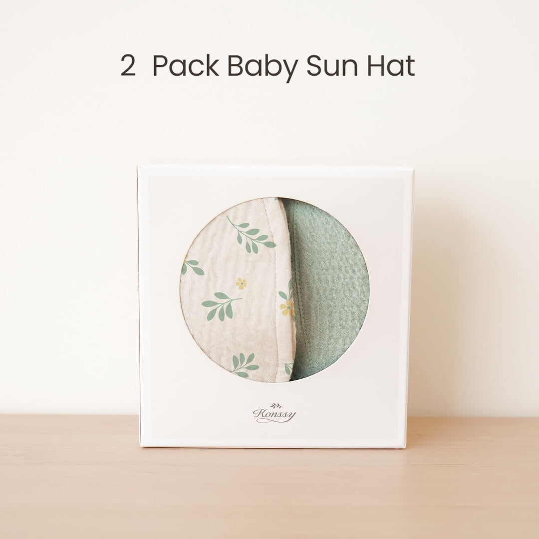 Konssy 2-Pack Muslin Baby Girl Sun Hats with Wide Brim, UPF 50+, 0-6& 6-12M - Green-leafy - image 5