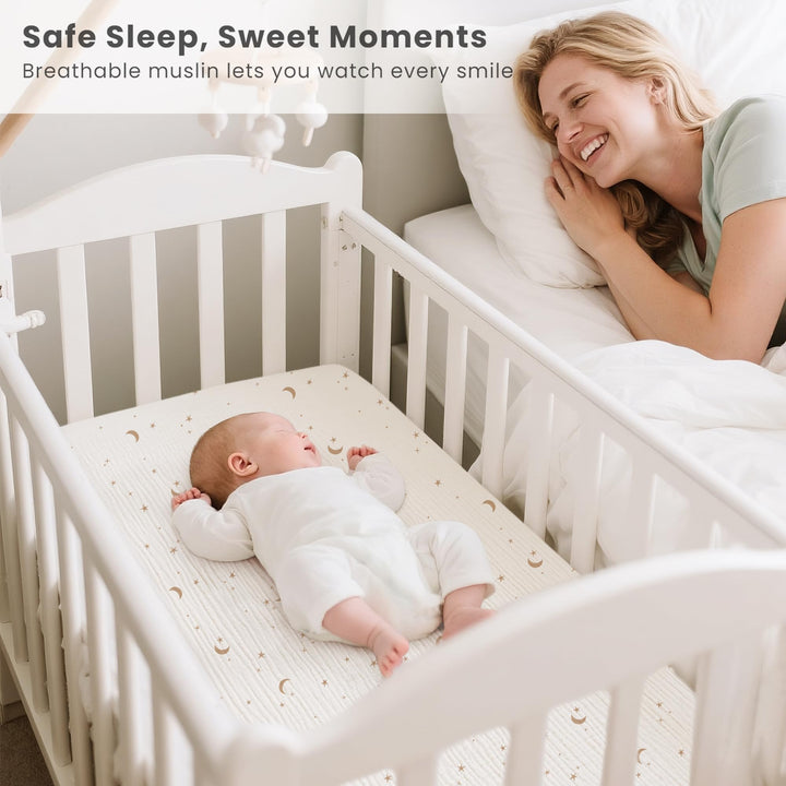 Konssy 2 Pack Muslin Bassinet Sheets for Baby Girls Boys, 33"x21" - Coffee Check,Moon - image 2