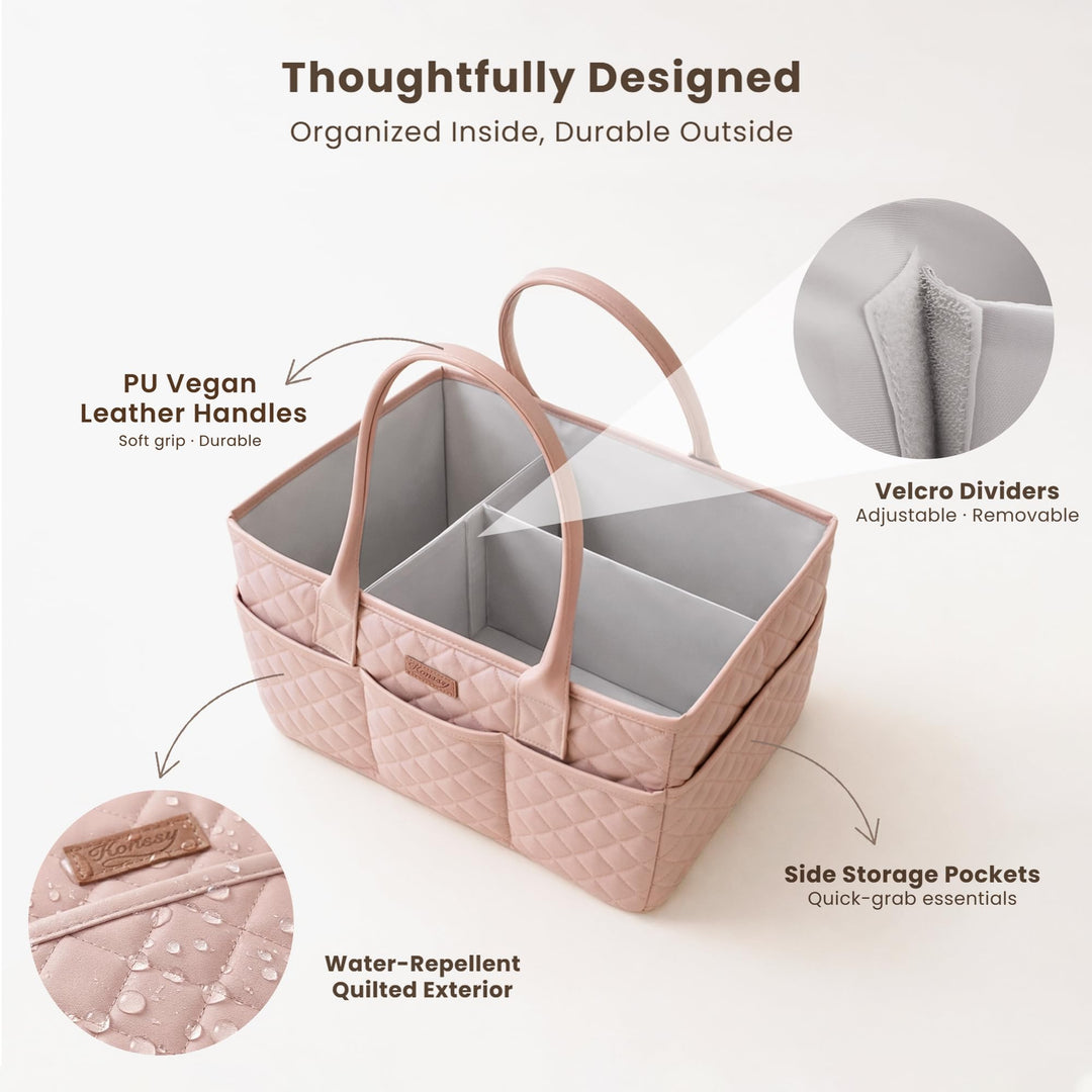 Konssy Baby Diaper Caddy Organizer, Solid Design with PU Leather Handles - Blush Pink - image 3