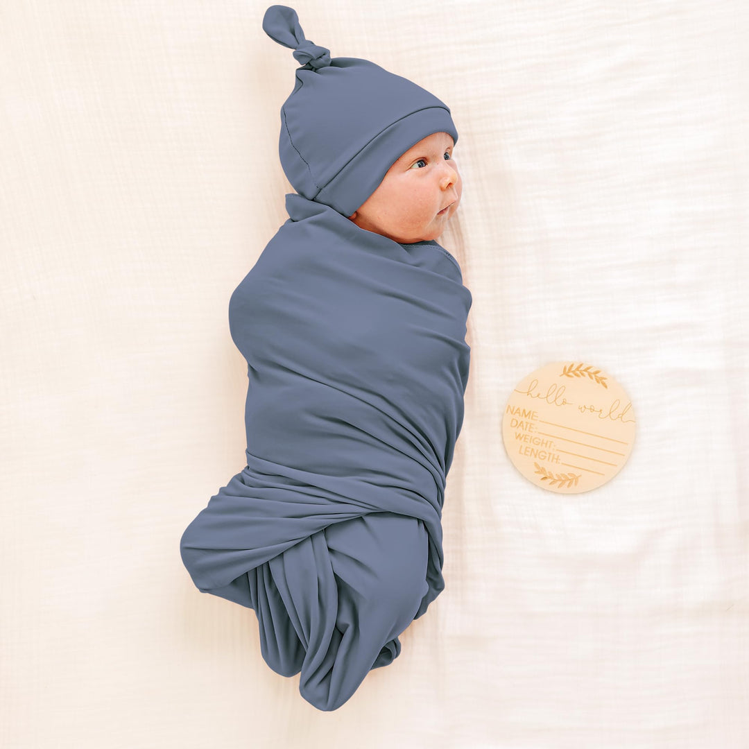 Konssy Newborn Swaddle Blanket with Beanie Hat Set, Baby Receiving Blanket - Blue - image 3