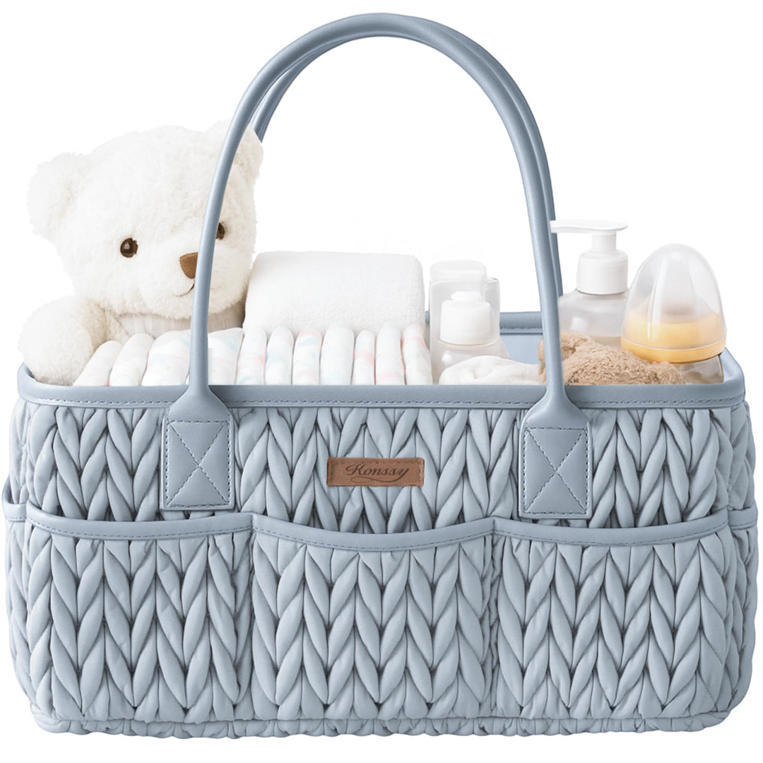 Konssy Baby Diaper Caddy Organizer, Braided Quilted Design with PU Handles - Braided Blue - image 1