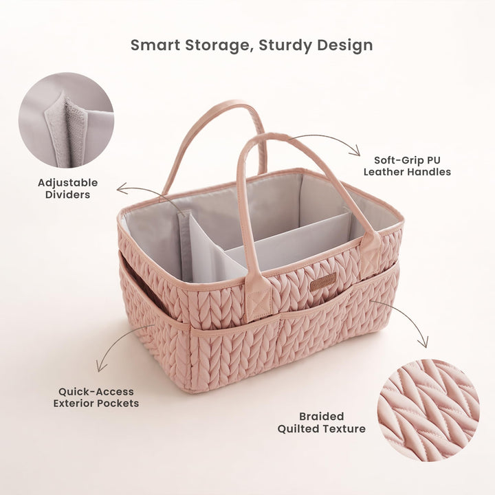 Konssy Baby Diaper Caddy Organizer, Braided Quilted Design with PU Handles - Braided Blush - image 5