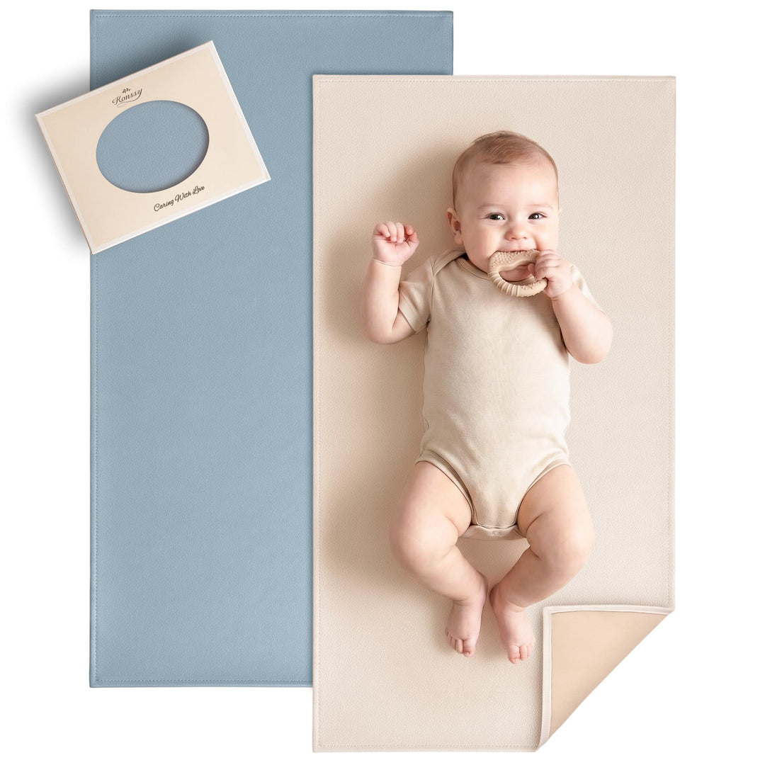 Konssy Faux Leather Waterproof Baby Changing Mat 2 Pack, Regular, 30"x17" - Blue,Beige - image 1