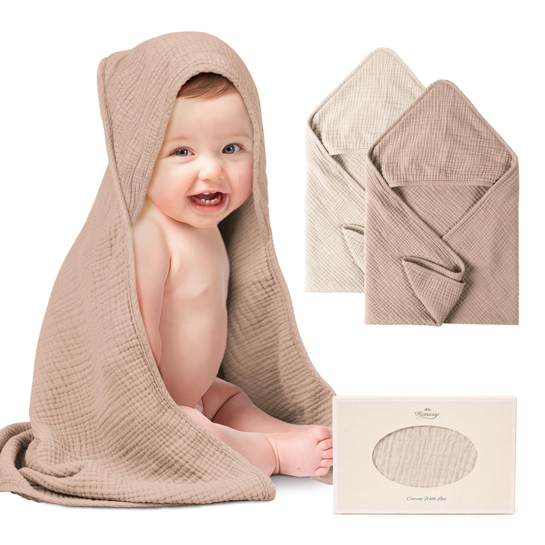 Konssy 2-Pack 100% Muslin Cotton Hooded Baby Bath Towels for Boys and Girls - Cream, Camel - image 1