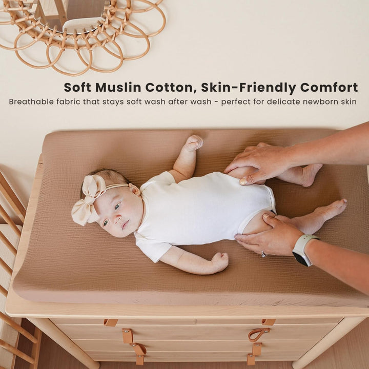 Konssy 2 Pack Muslin Changing Pad Covers for Baby Girls Boys, 32"x16" - Toffee,Flourish - image 2