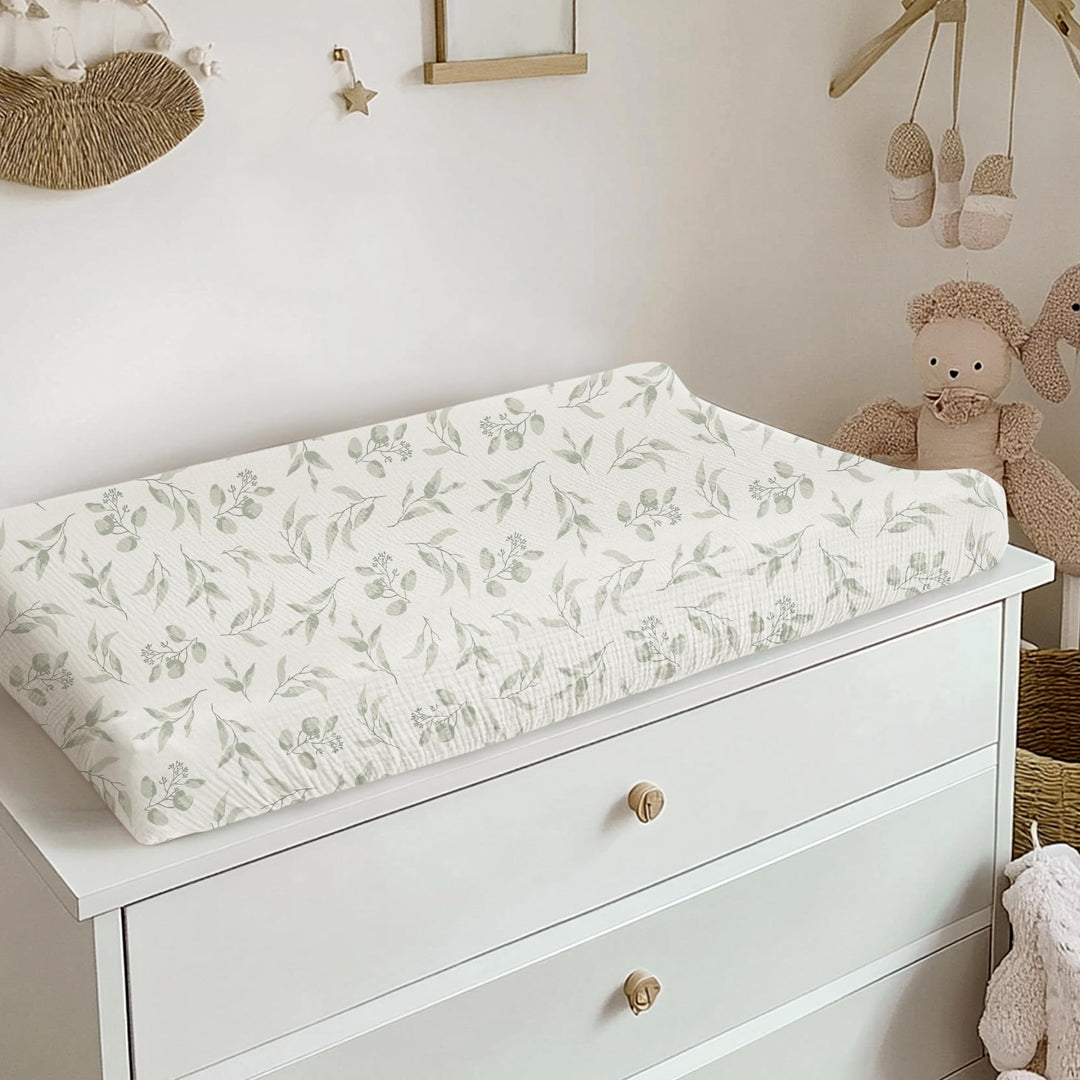 Konssy 100% Cotton Muslin Changing Pad Cover 2 Pack, 32"x16" Standard Fit - Green,Green Leaves - image 6