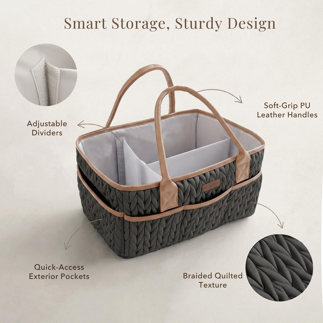Konssy Baby Diaper Caddy Organizer, Braided Quilted Design with PU Handles - Braided Black - image 3