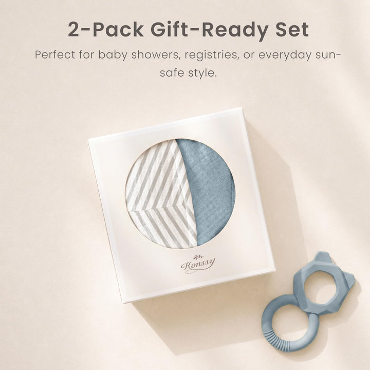 Konssy 2-Pack Muslin Baby Sun Hats for Girls with Bows, UPF 50+ - Grey Stripe Blue - image 8