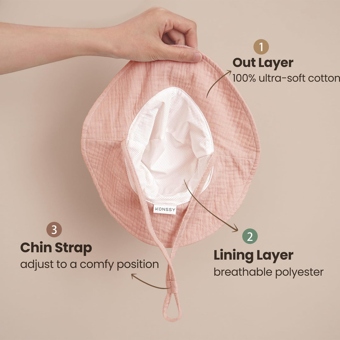 Konssy 2-Pack Muslin Baby Girl Sun Hats with Wide Brim, UPF 50+, 0-6& 6-12M - Vintage Petals-pink - image 2