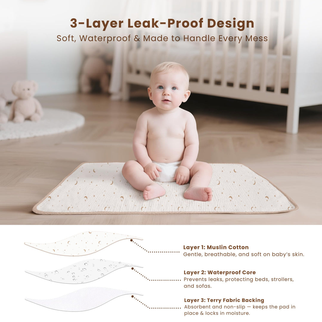 Konssy 2 Pack Waterproof Muslin Portable Changing Pad, Diaper Changing Mat - Coffee Check,Moon - image 2