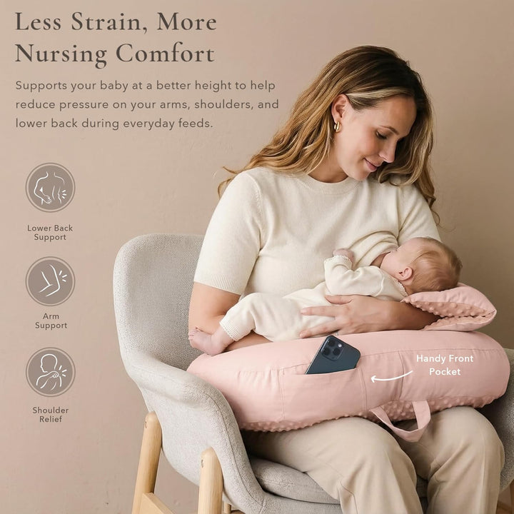 Konssy Nursing Pillow for Breastfeeding and Bottle Feeding, Safety Guard Baby Feeding Pillow, Gentle Incline, Waist Strap, Side Pocket for New Moms Home and Travel