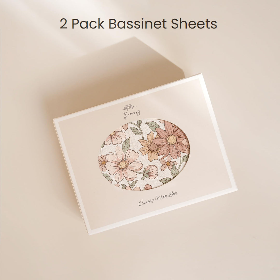 Konssy 2 Pack Muslin Bassinet Sheets for Baby Girls Boys, 33"x21" - Vintage Petals,Taupe - image 6