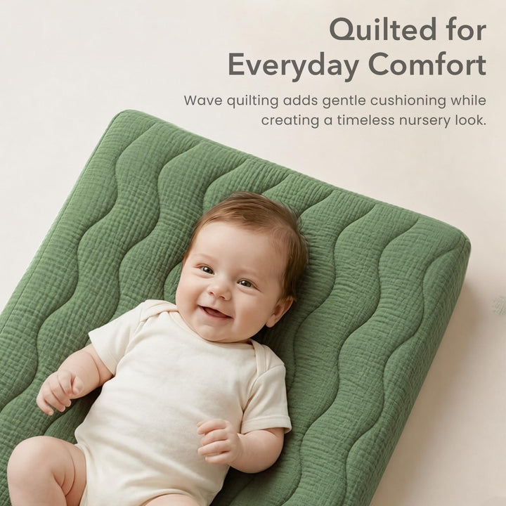 Konssy 2 Pack Quilted Muslin Changing Pad Cover, Waterproof Layer 32" x 16" - Sage Green,Baby Green Plaid - image 4