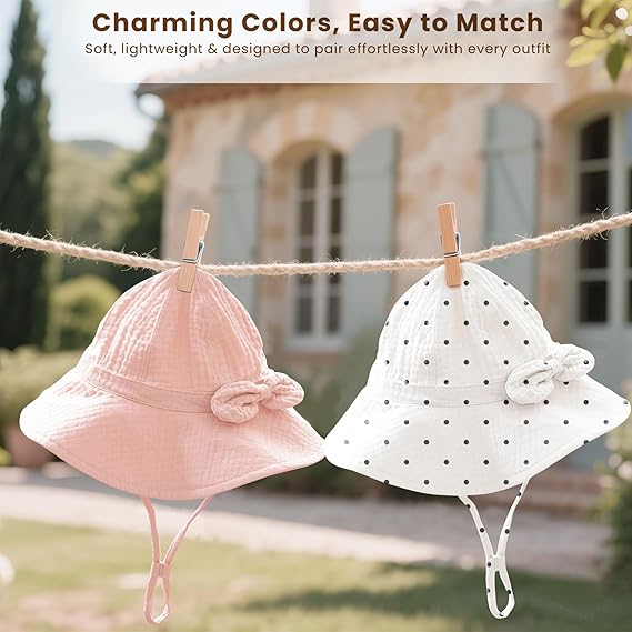 Konssy Muslin Baby Sun Hat 2-Pack, UPF 50+ Sun Protection Wide Brim Summer Beach Hat, Bucket Hat for Girls and Boys