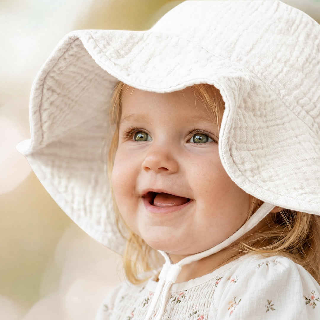 Konssy 2-Pack Muslin Baby Girl Sun Hats with Wide Brim, UPF 50+, 0-6& 6-12M - Apricot Stripe-white - image 3