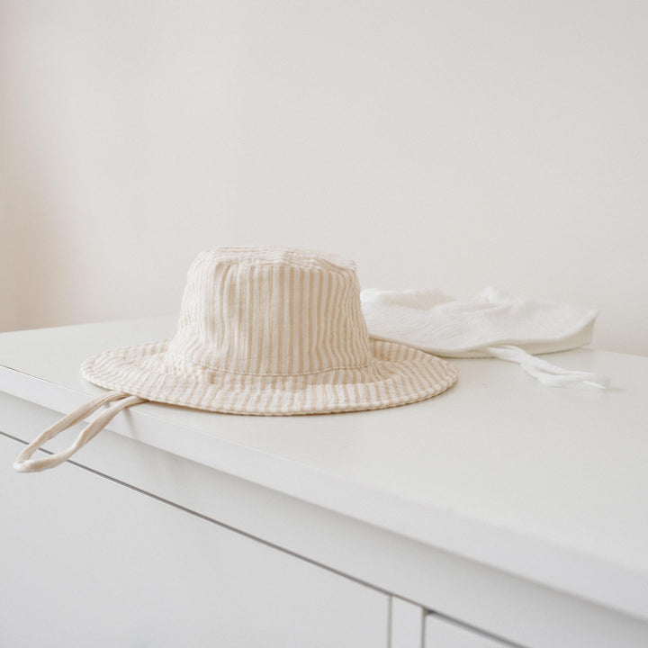 Konssy 2-Pack Muslin Baby Girl Sun Hats with Wide Brim, UPF 50+, 0-6& 6-12M - Apricot Stripe-white - image 6