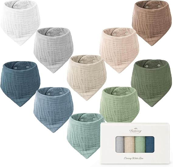 Konssy 10 Pack Baby Muslin Bandana Bibs for Drooling and Teething 100% Cotton, 6-Layer Bibs, Pre-Washed Soft & Absorbent, Adjustable Neck Fit, Boys & Girls 0-36M