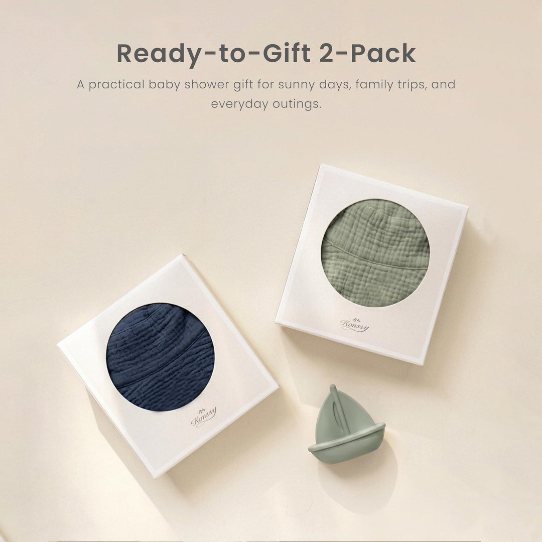 Konssy Muslin Baby Boy Sun Hat 2-Pack, Infant Sun Hat with Wide Brim, UPF 50+ Baby Beach Hat for 0-6 Months - Navy-fog green - image 6
