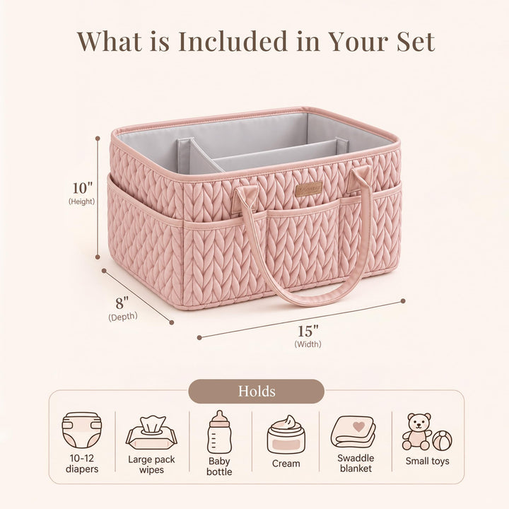 Konssy Baby Diaper Caddy Organizer, Braided Quilted Design with PU Handles - Braided Blush - image 2