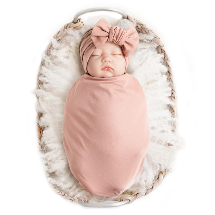 Konssy Baby Blanket & Headband Set, 32 x 32 Inch Swaddle Receiving Blanket - Millenial Pink - image 1
