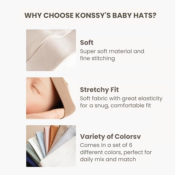 Konssy 6-Pack Baby Beanie Hats for Newborns, Soft Infant Caps for Boys & Girls