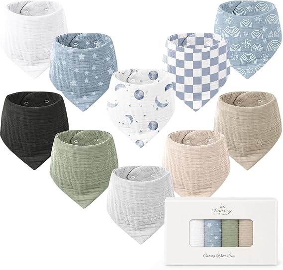 Konssy 10 Pack Baby Muslin Bandana Bibs for Drooling and Teething 100% Cotton, 6-Layer Bibs, Pre-Washed Soft & Absorbent, Adjustable Neck Fit, Boys & Girls 0-36M