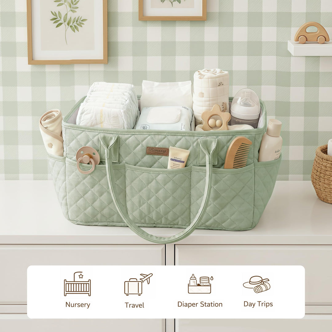 Konssy Baby Diaper Caddy Organizer, Solid Design with PU Leather Handles - Fog Green - image 8