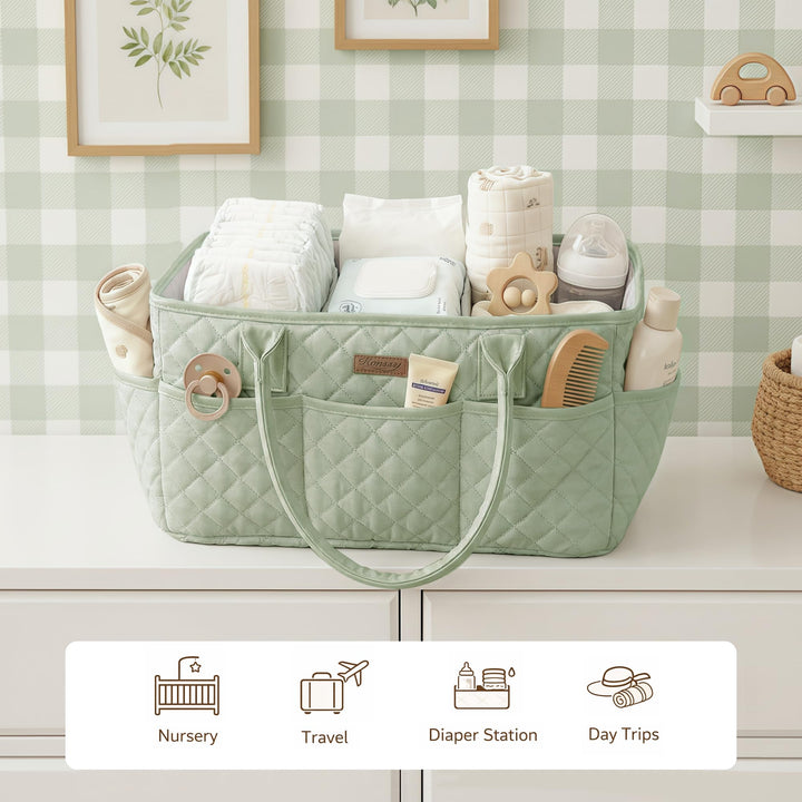 Konssy Baby Diaper Caddy Organizer, Solid Design with PU Leather Handles - Fog Green - image 8