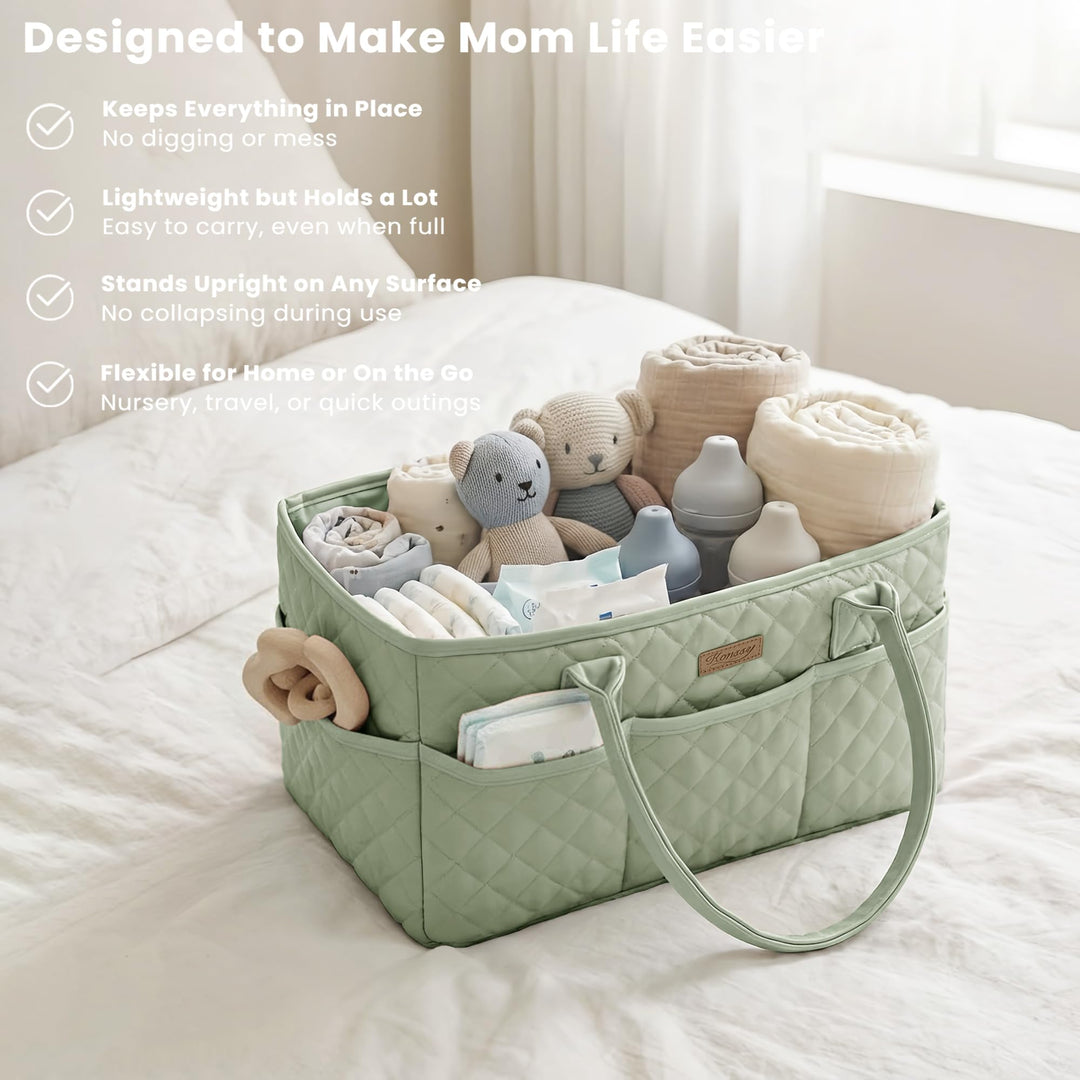 Konssy Baby Diaper Caddy Organizer, Solid Design with PU Leather Handles - Fog Green - image 4
