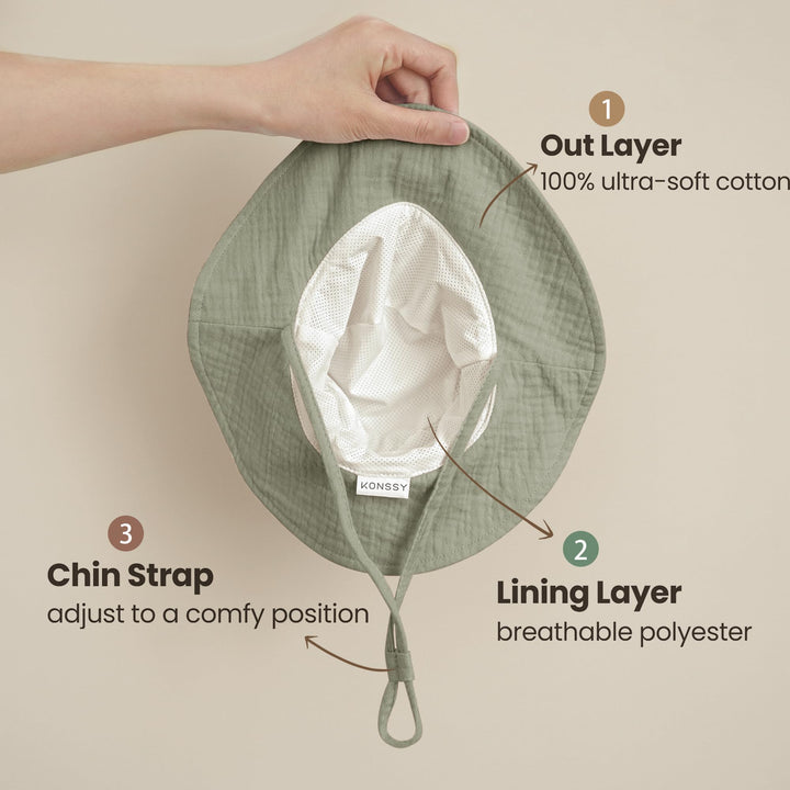 Konssy 2-Pack Muslin Baby Girl Sun Hats with Wide Brim, UPF 50+, 0-6& 6-12M - Fog Green-green Plaid - image 2