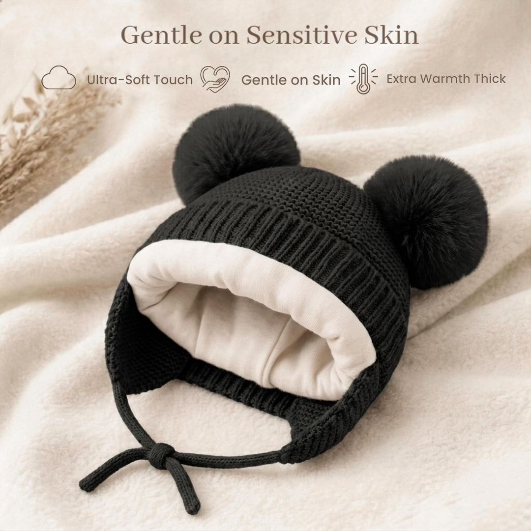 Konssy 2 Pack Baby Beanie Hat with Ear Flaps, Newborn Winter Hat 0-6 Months - Black, Light Apricot - image 2