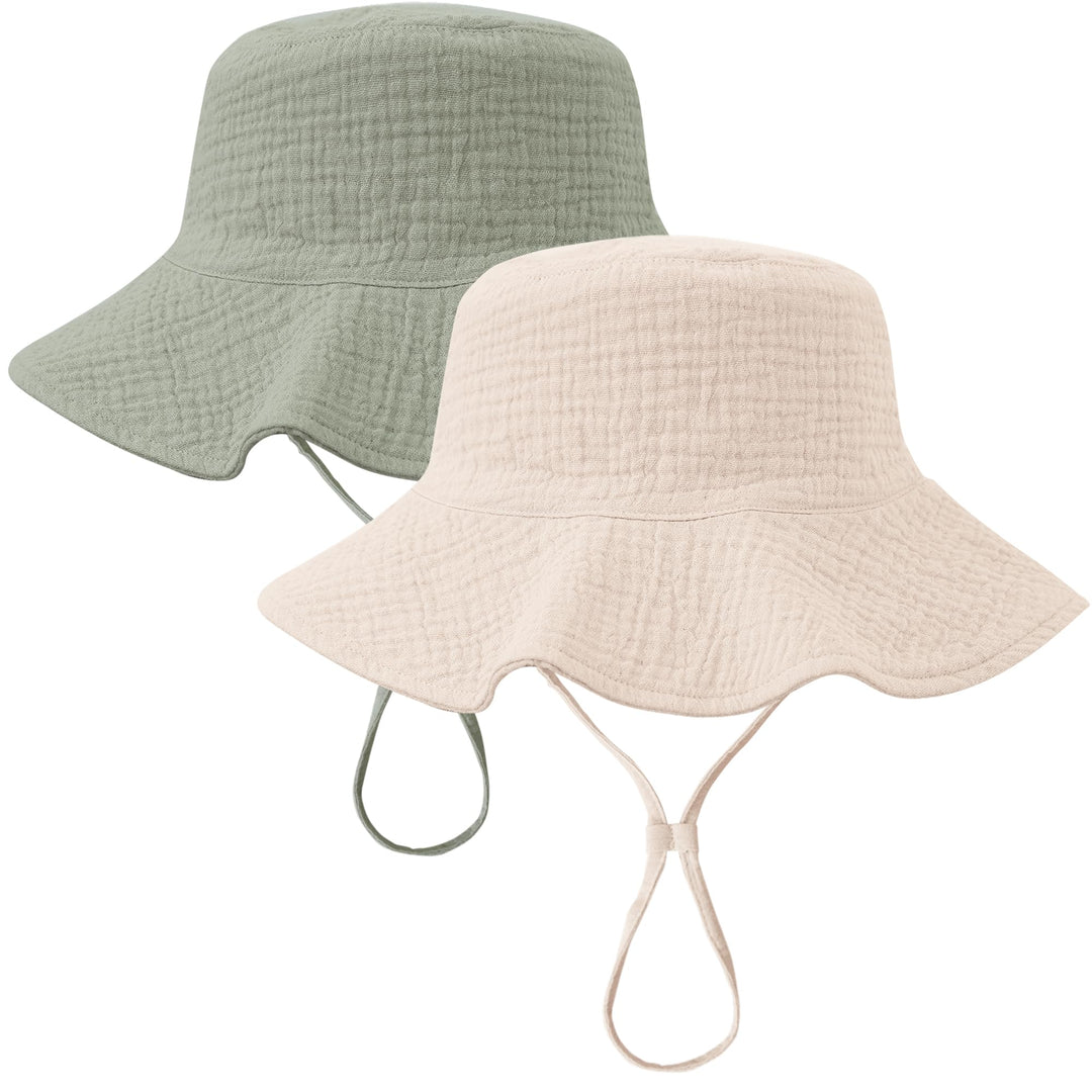 Konssy 2-Pack Muslin Baby Girl Sun Hats with Wide Brim, UPF 50+, 0-6& 6-12M - Fog Green-Cream - image 1