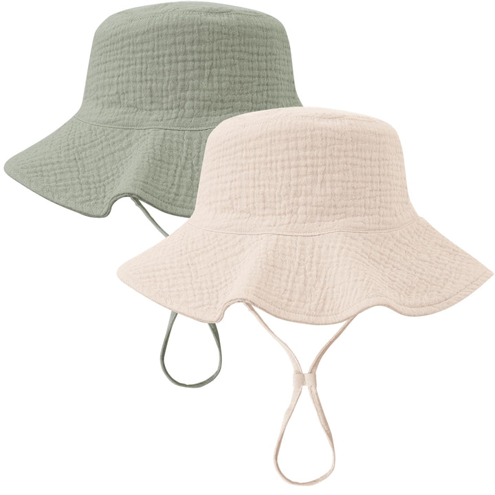 Konssy 2-Pack Muslin Baby Girl Sun Hats with Wide Brim, UPF 50+, 0-6& 6-12M - Fog Green-Cream - image 1